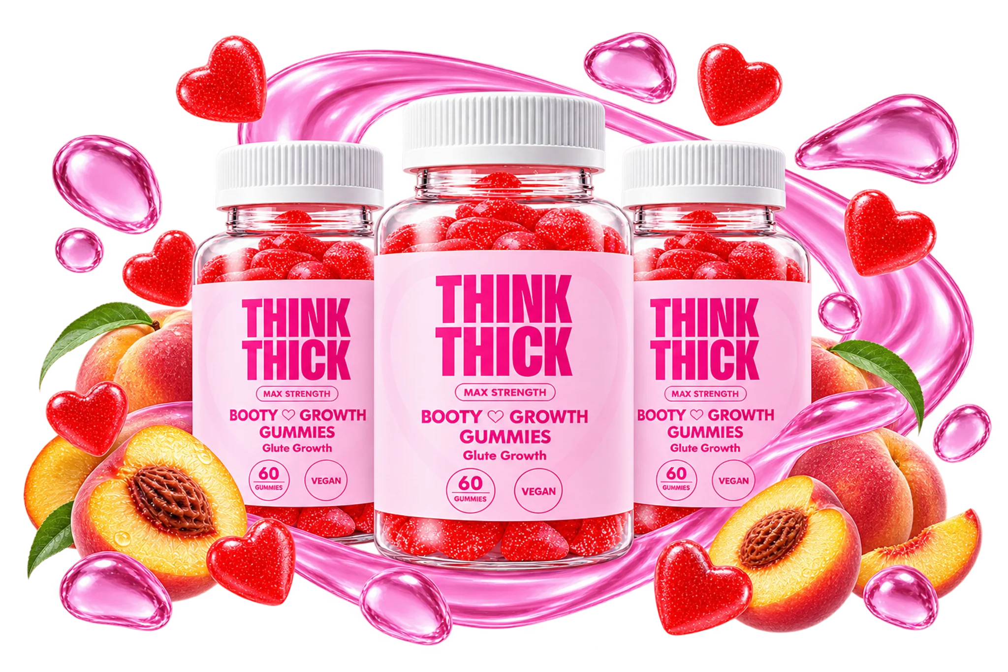 Three Think Thick bottles in a pink glass swirl with peaches and red heart gummies