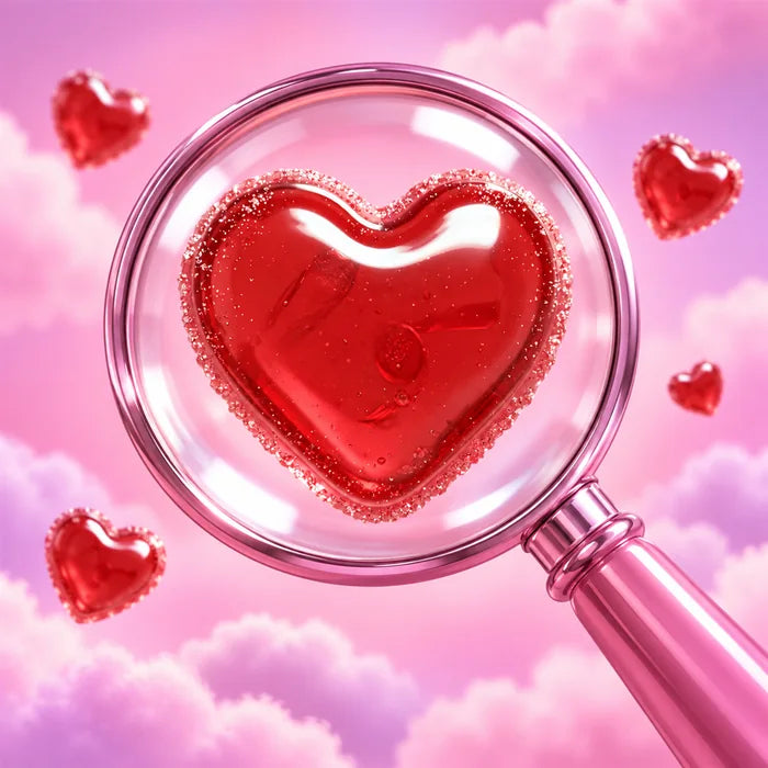 A magnifying glass over a red heart gummy