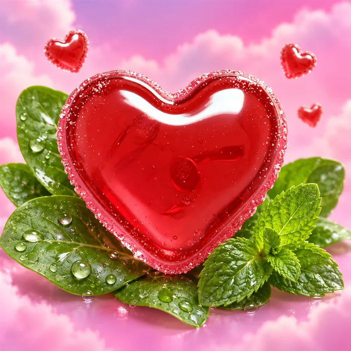 A red heart gummy on fresh green leaves