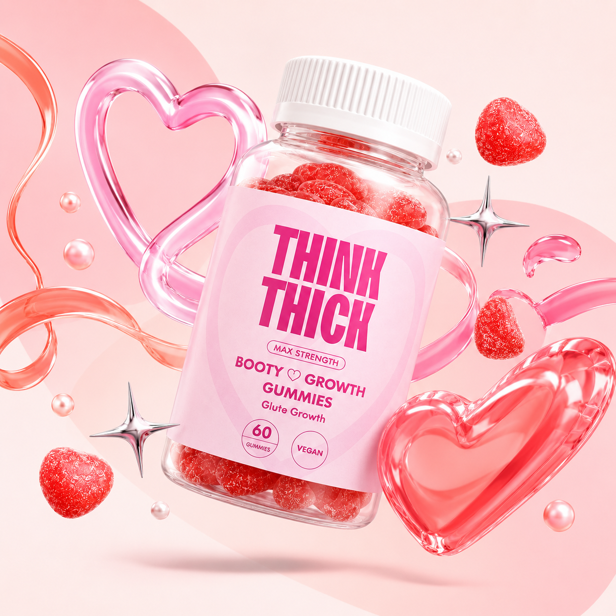 Think Thick Booty Growth Gummies bottle surrounded by heart gummies