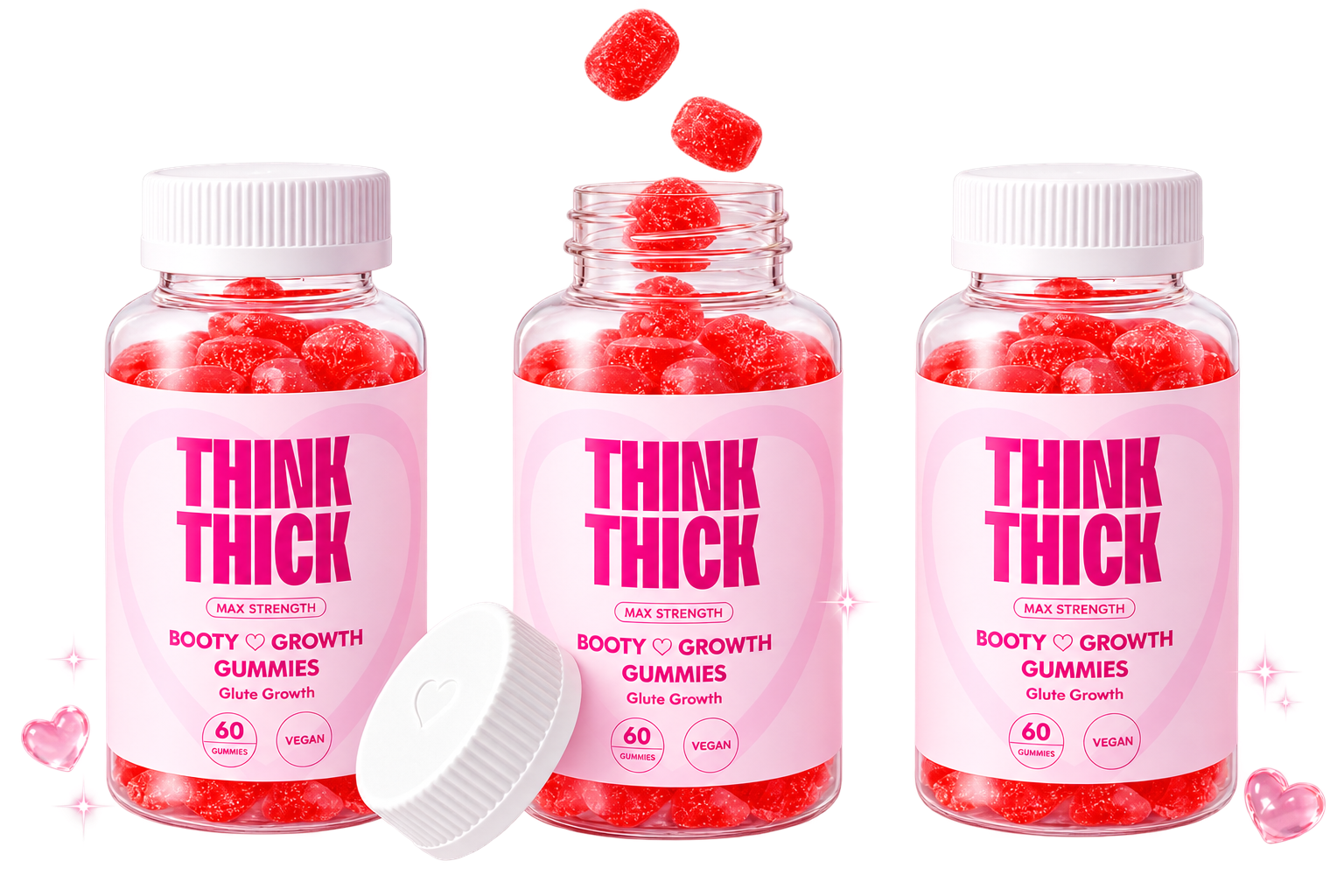 Three Think Thick Booty Growth Gummies bottles, one open with gummies pouring in
