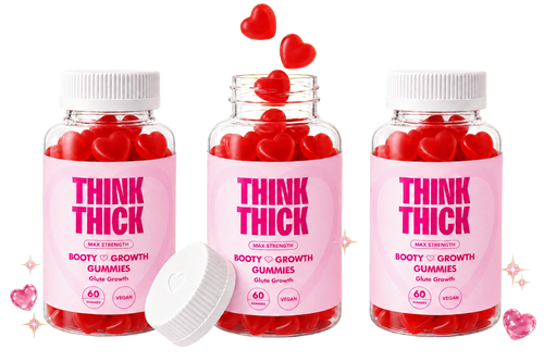 Three Think Thick bottles surrounded by heart gummies