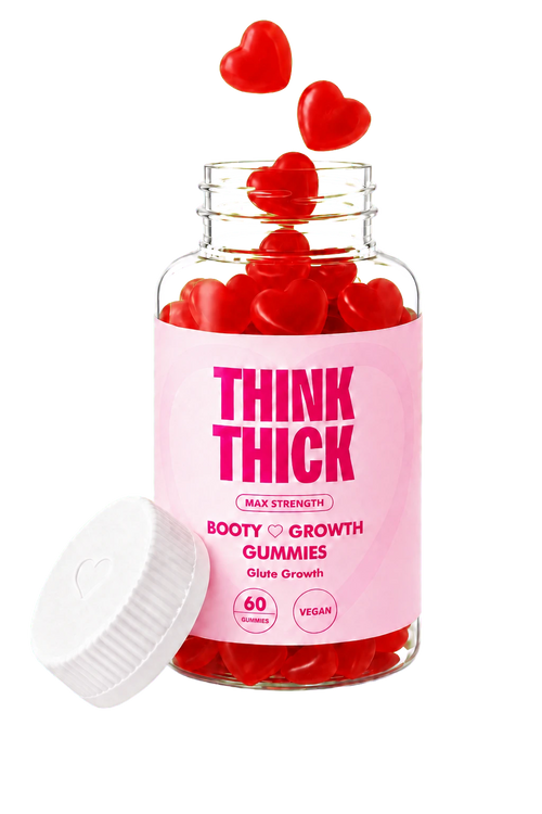 Open Think Thick Booty Growth Gummies bottle with heart gummies pouring in