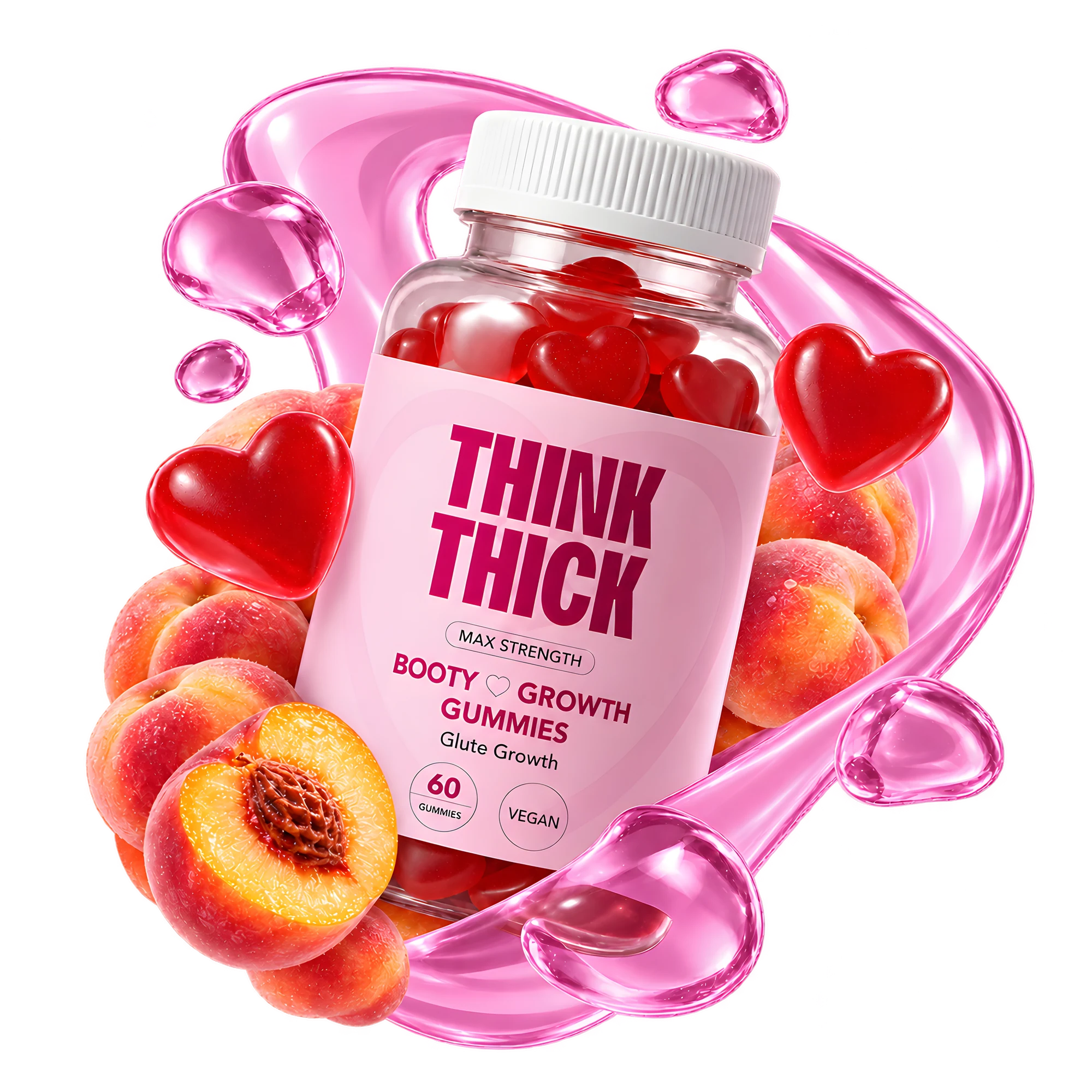 A Think Thick bottle with peaches, red heart gummies and a pink glass swirl