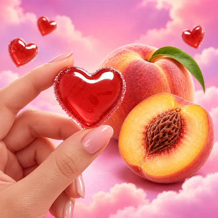 A hand holding a red heart gummy next to fresh peaches