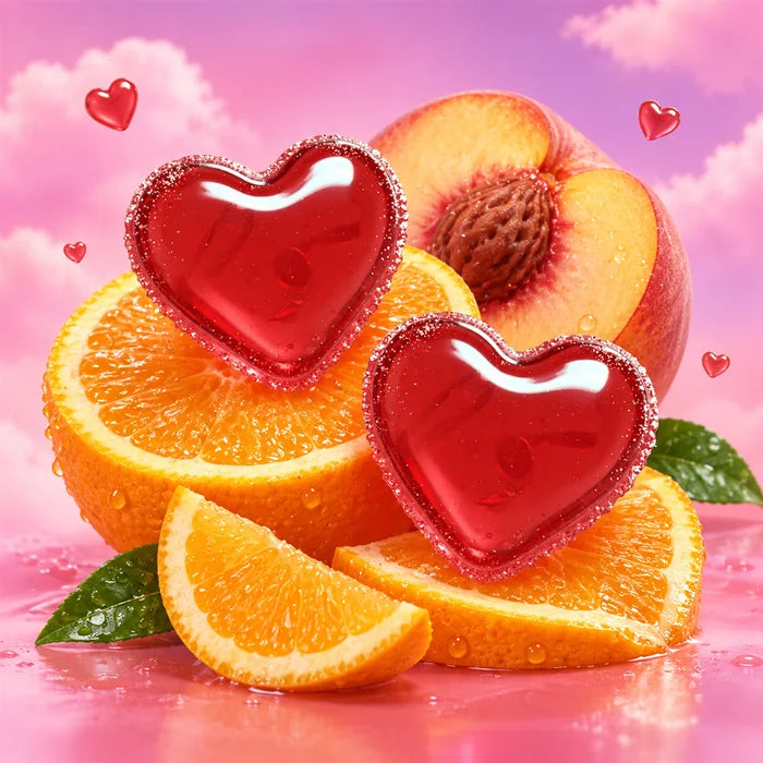 Two red heart gummies on orange slices and a halved peach