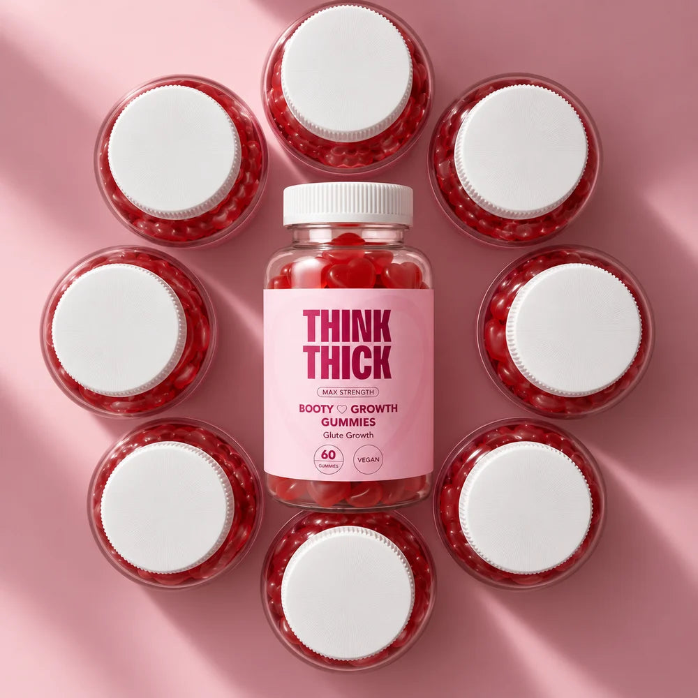 A Think Thick bottle surrounded by open jars of red heart gummies
